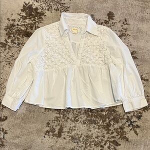 Anthropology Maeve White and Blue Blouses with Textured Floral Accents